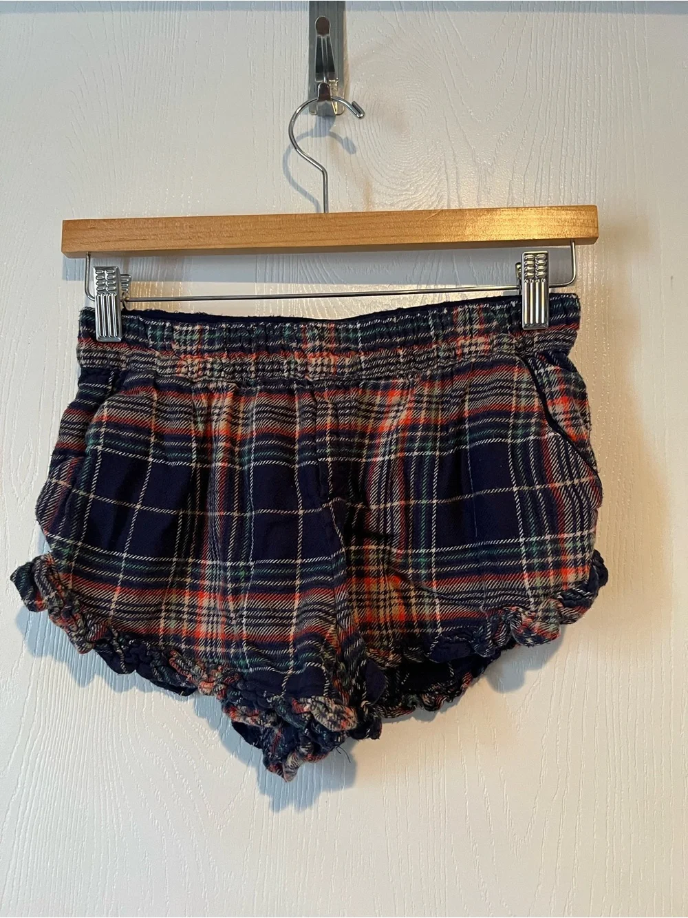 Aerie Navy Blue Plaid Flannel Ruffle Hem Pajama Set Women Sz XS